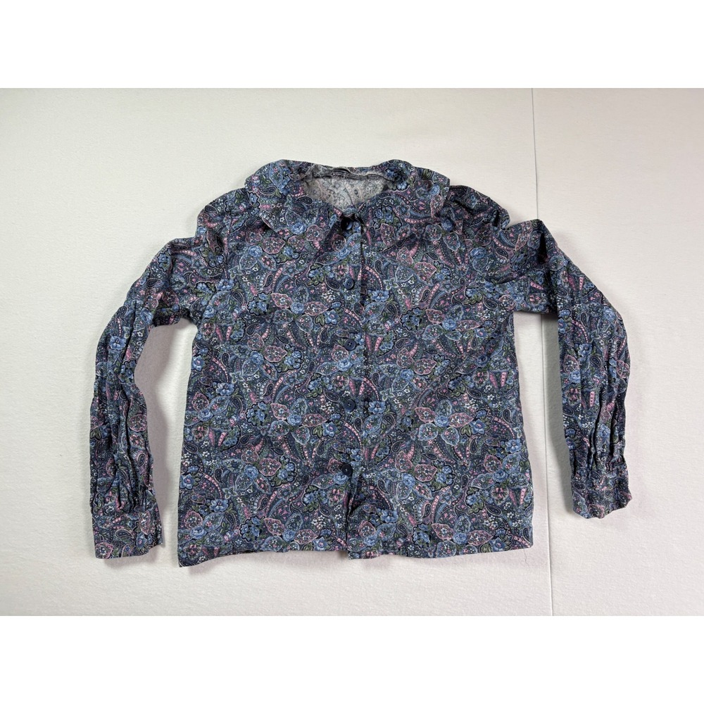 Vintage Style Paisley Floral Button Down Blouse Blue Pink Long Sleeve Collared
